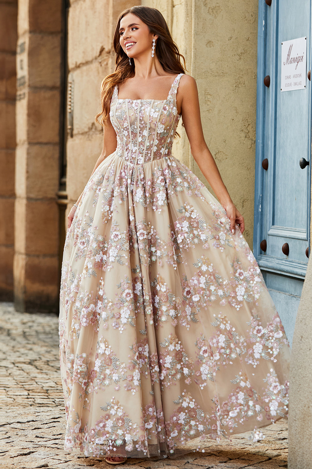 Charming A Line Square Neck Black Corset Prom Dress with Appliques