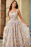 Charming A Line Square Neck Black Corset Prom Dress with Appliques