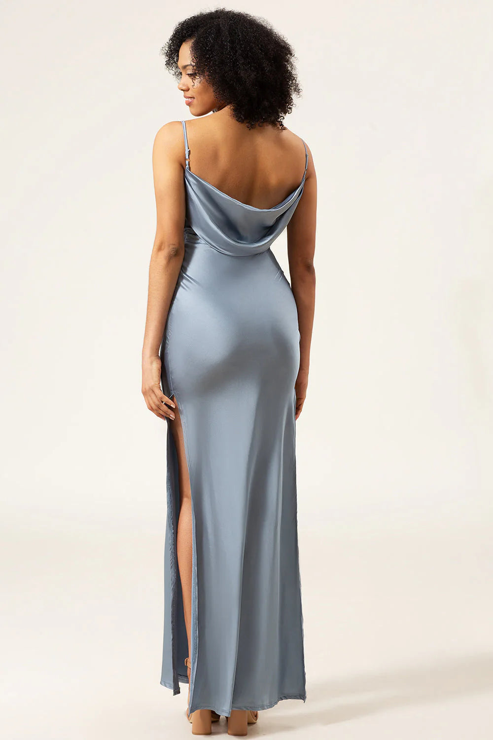 Dusty Blue Sheath Spaghetti Straps Satin Long Bridesmaid Dress
