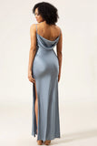 Dusty Blue Sheath Spaghetti Straps Satin Long Bridesmaid Dress