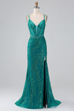 Dark Green Sparkly Mermaid Spaghetti Straps Corset Prom Dress With Slit