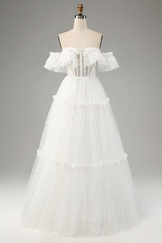 Ivory A-Line Off the Shoulder Tulle Wedding Dress