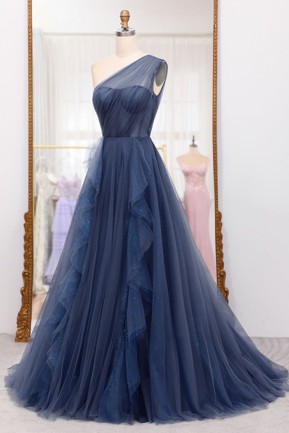 Navy Tulle A-Line One-Shoulder Long Prom Dress