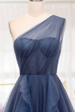 Navy Tulle A-Line One-Shoulder Long Prom Dress