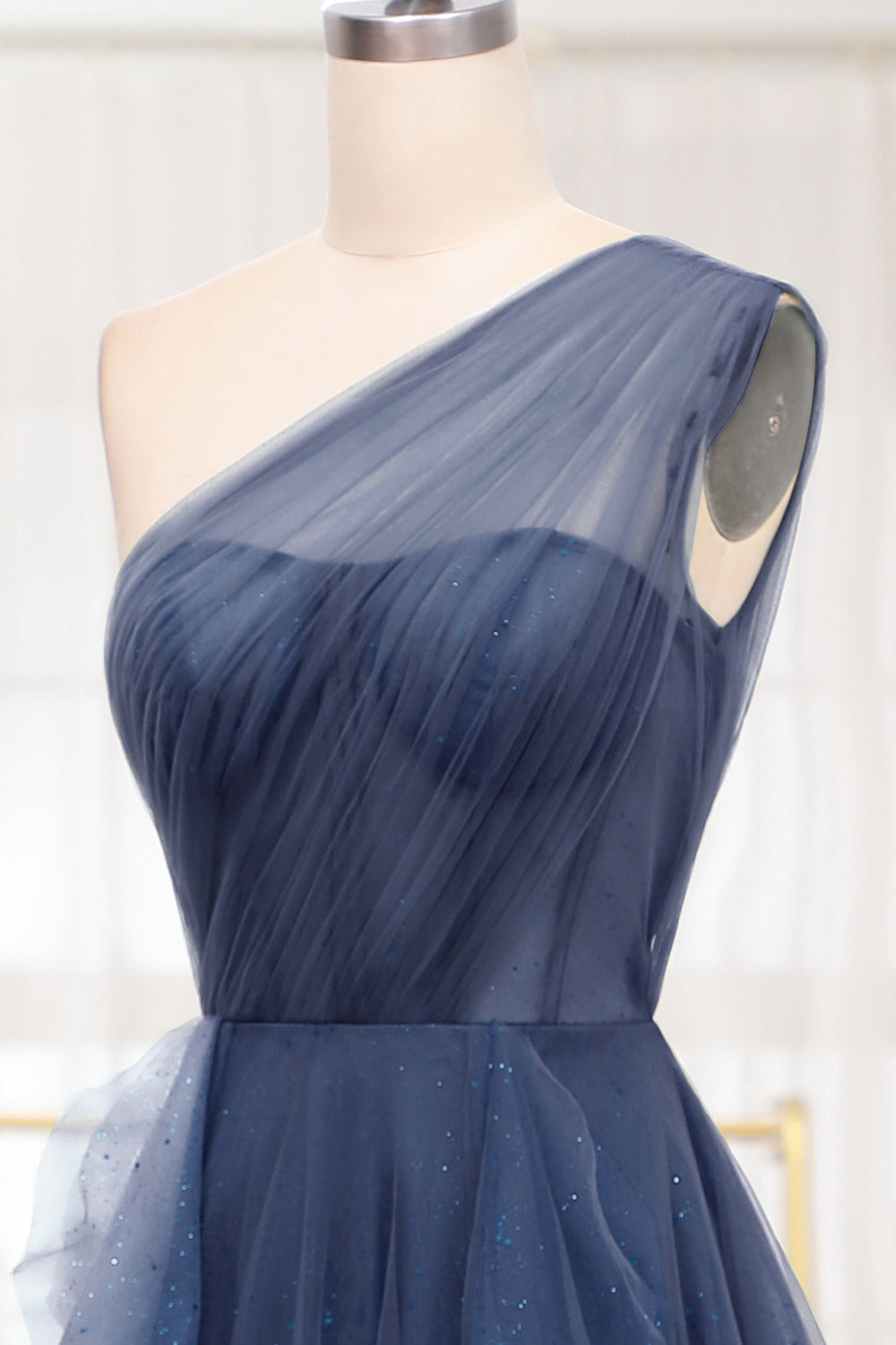 Navy Tulle A-Line One-Shoulder Long Prom Dress