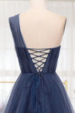 Navy Tulle A-Line One-Shoulder Long Prom Dress