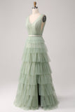 Pleated Tiered Green Prom Dress with Slit