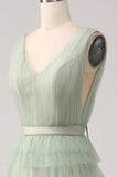 Pleated Tiered Green Prom Dress with Slit