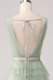 Pleated Tiered Green Prom Dress with Slit