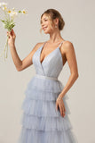Grey Blue A Line Tiered Tulle Prom Dress