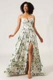 Green A-Line Spaghetti Straps Printed Pleated Long Bridesmaid Dress With Slit