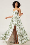 Green A-Line Spaghetti Straps Printed Pleated Long Bridesmaid Dress With Slit