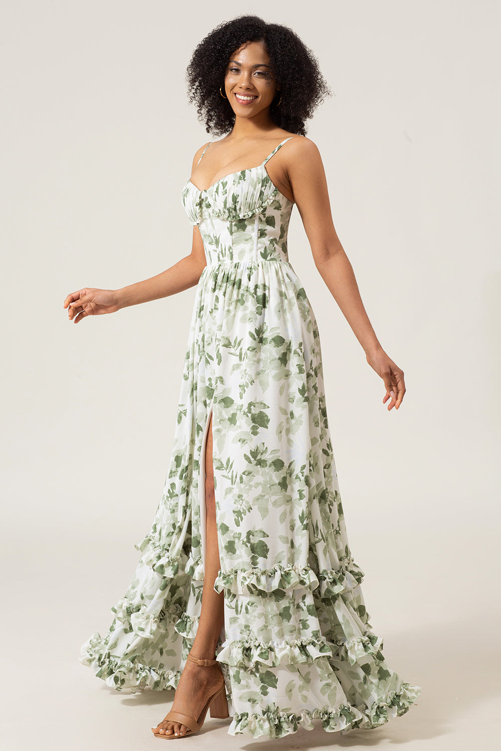 Green A-Line Spaghetti Straps Printed Pleated Long Bridesmaid Dress With Slit