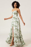 Green A-Line Spaghetti Straps Printed Pleated Long Bridesmaid Dress With Slit