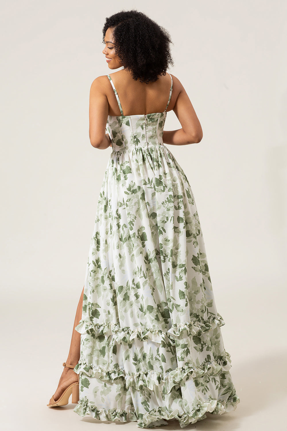 Green A-Line Spaghetti Straps Printed Pleated Long Bridesmaid Dress With Slit