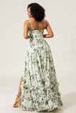 Green A-Line Spaghetti Straps Printed Pleated Long Bridesmaid Dress With Slit