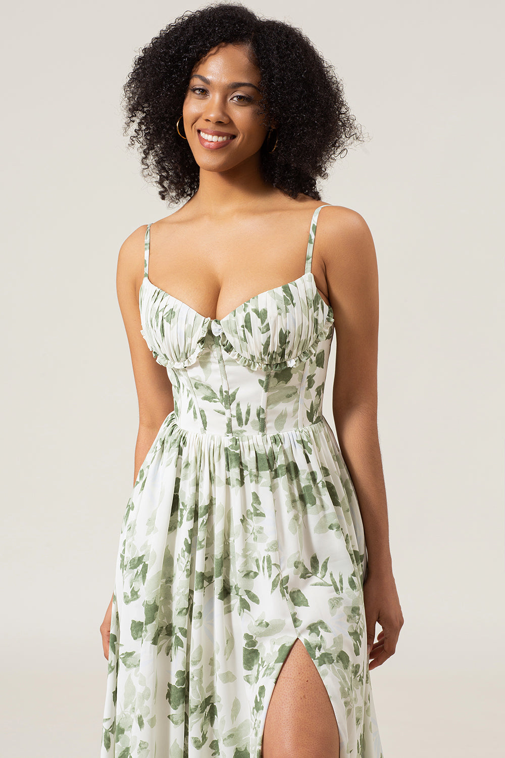 Green A-Line Spaghetti Straps Printed Pleated Long Bridesmaid Dress With Slit