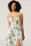 Green A-Line Spaghetti Straps Printed Pleated Long Bridesmaid Dress With Slit