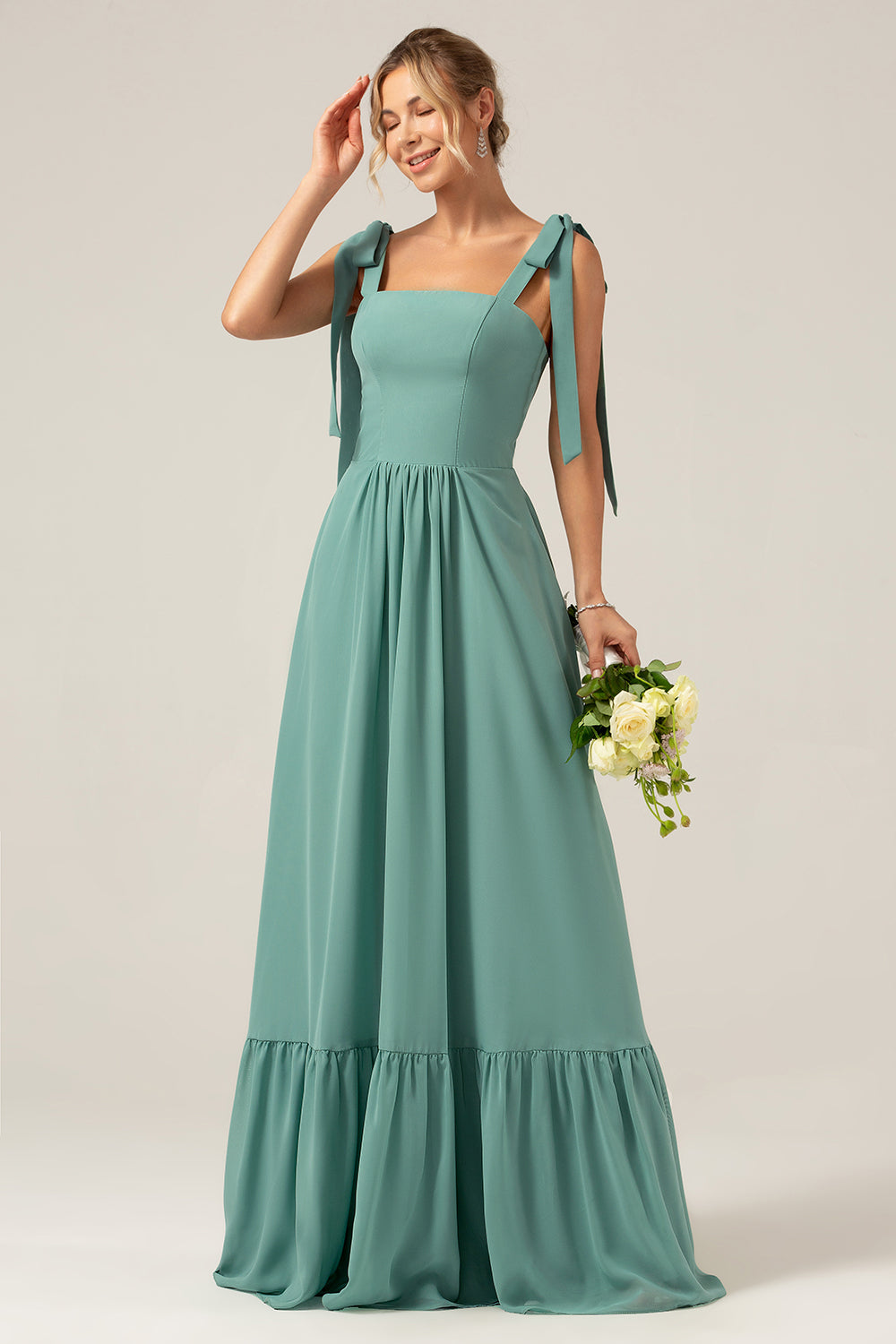 A Line Eucalyptus Chiffon Long Bridesmaid Dress with Pleated