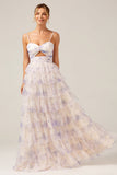 Lavender Flower Princess Spaghetti Straps Tiered Prom Dress