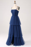 A Line Spaghetti Straps Tiered Tulle Pleated Prom Dress with Slit
