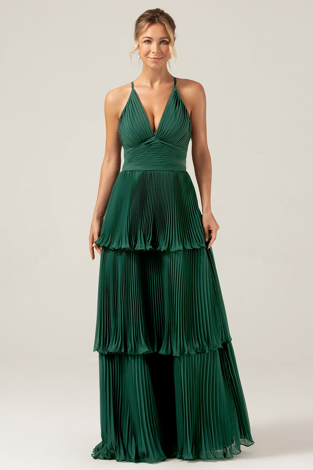 A-Line Tiered Chiffon Dark Green Long Pleated Bridesmaid Dress