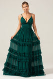 Dark Green A Line Spaghetti Straps Tiered Prom Dress