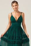 Dark Green A Line Spaghetti Straps Tiered Prom Dress