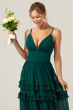 Dark Green A Line Spaghetti Straps Tiered Prom Dress