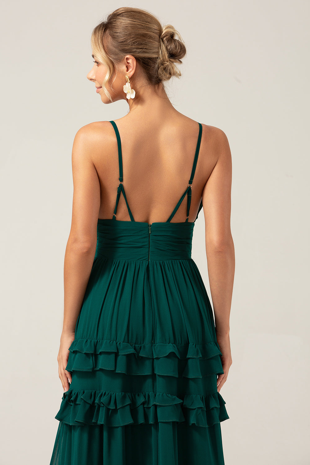 Dark Green A Line Spaghetti Straps Tiered Prom Dress