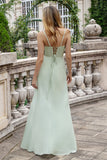 A Line Spaghetti Straps Matcha Long Bridesmaid Dress with Lace Up Back