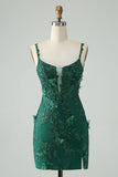 Dark Green Bodycon Spaghetti Straps Short Homecoming Dress with Appliques