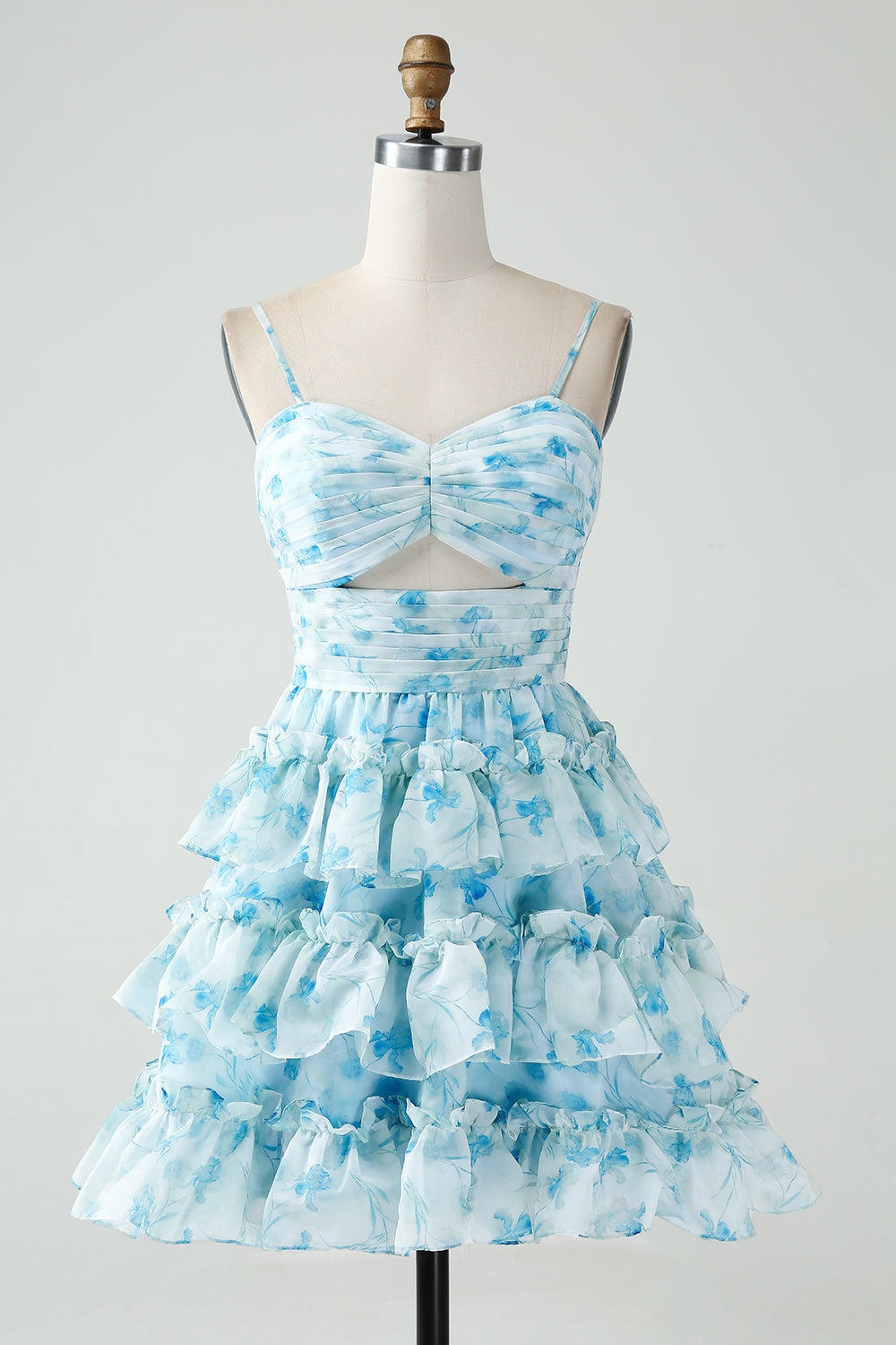 A-Line Tiered Blue Floral Cut Out Short Prom Dress