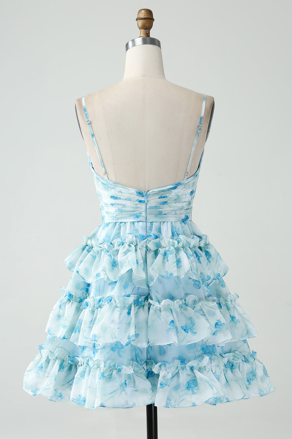 A-Line Tiered Blue Floral Cut Out Short Prom Dress