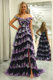Princess A Line Off the Shoulder Blue Long Prom Dress with Appliques