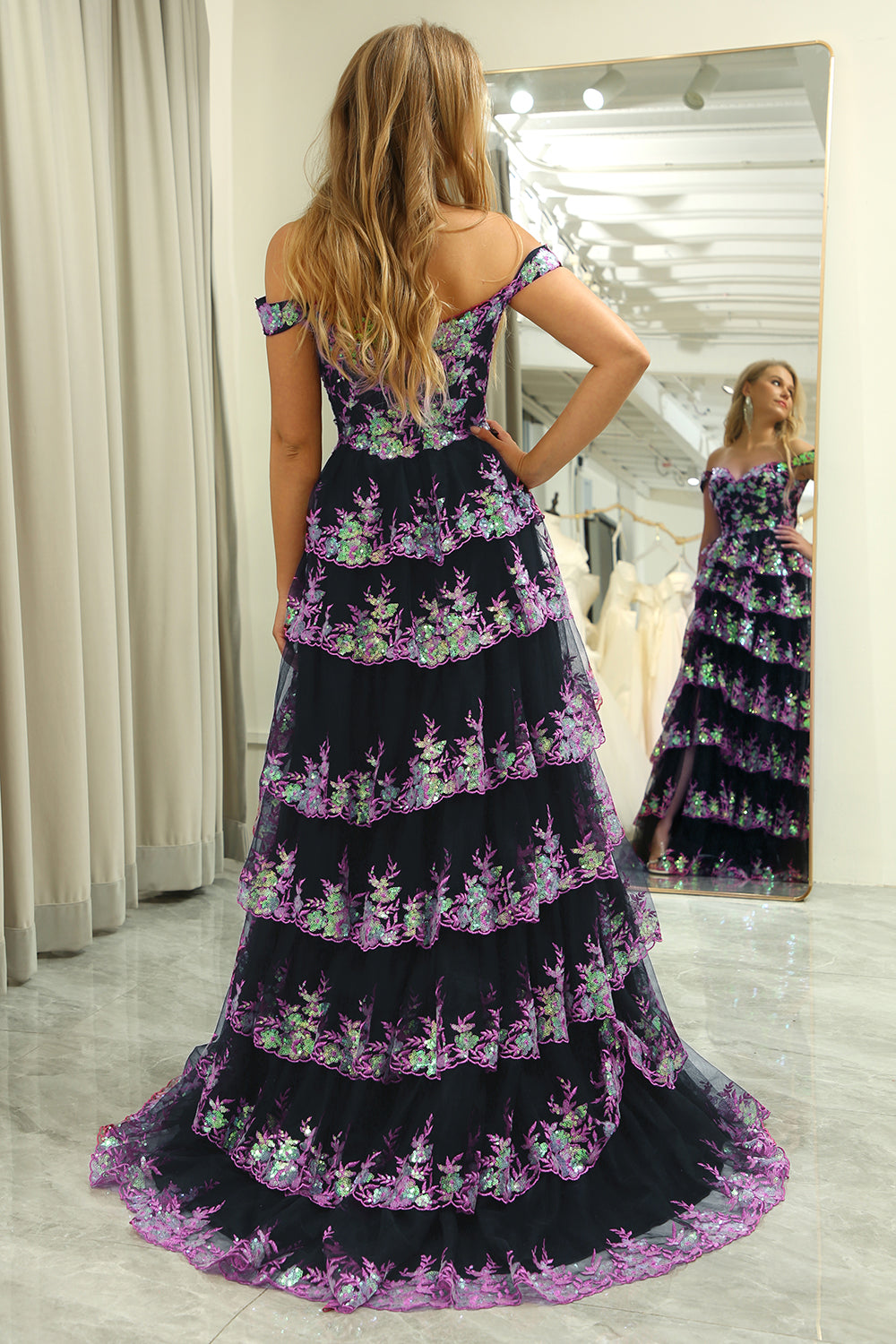 Princess A Line Off the Shoulder Black Pink Long Prom Dress with Appliques