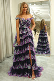 Princess A Line Off the Shoulder Blue Long Prom Dress with Appliques