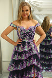 Princess A Line Off the Shoulder Blue Long Prom Dress with Appliques