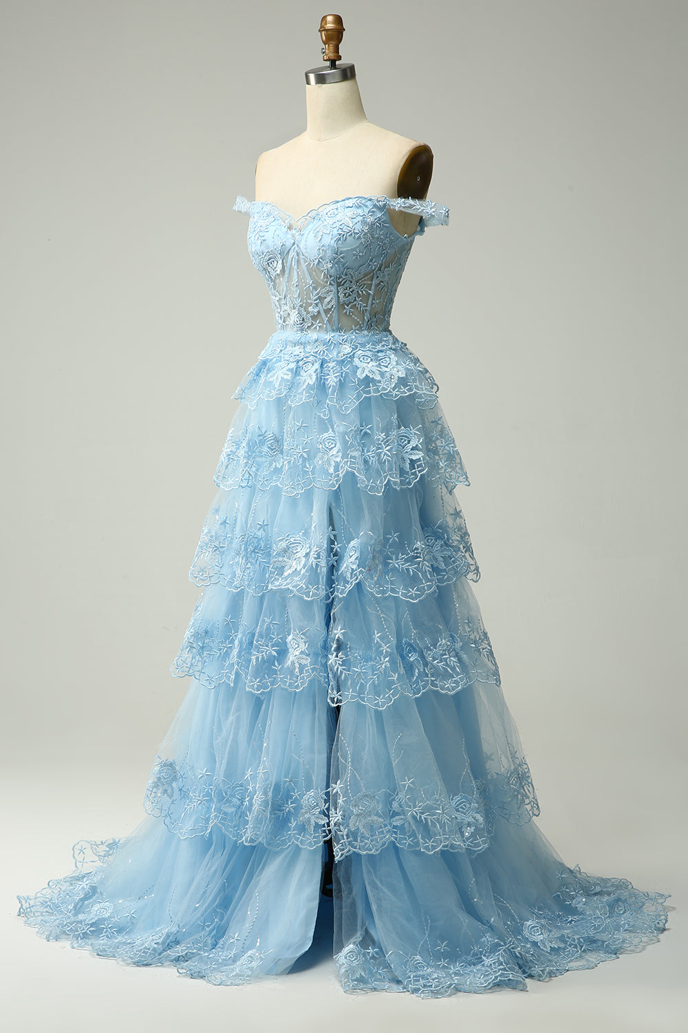 Dark Blue Off the Shoulder Corset Prom Dress with Slit