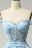 Dark Blue Off the Shoulder Corset Prom Dress with Slit