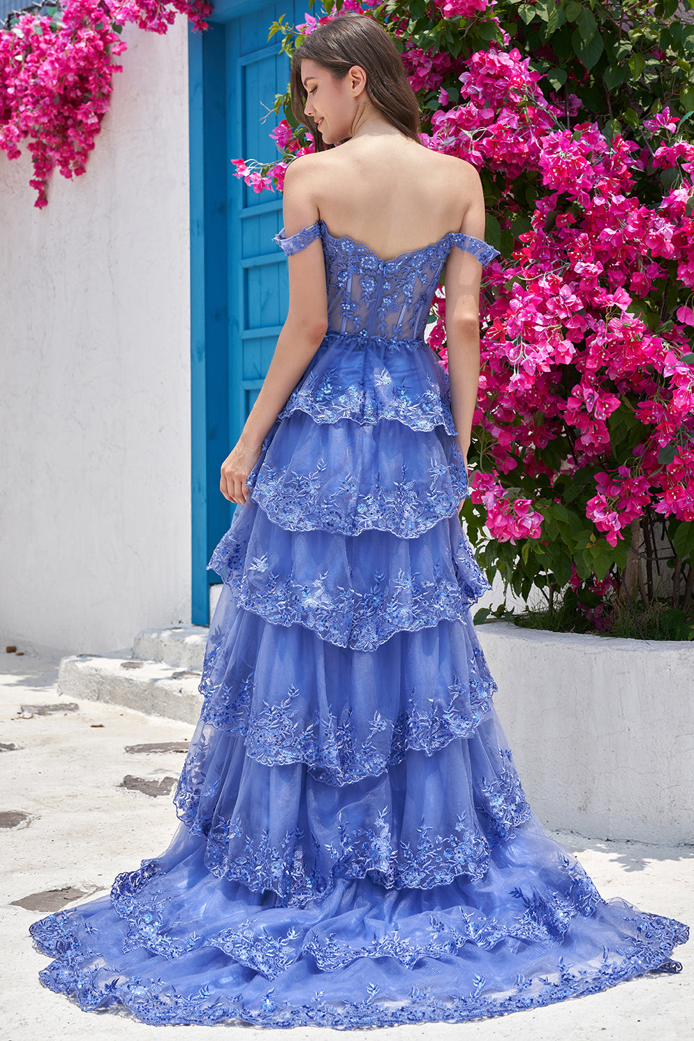 Blush Off the Shoulder Corset Sequin Tiered Prom Dress with Slit