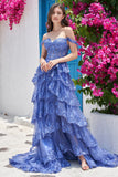 Dark Blue Off the Shoulder Corset Prom Dress with Slit