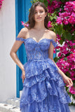 Off the Shoulder Purple Corset Prom Dress with Slit