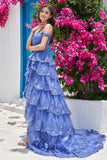 Off the Shoulder Purple Corset Prom Dress with Slit