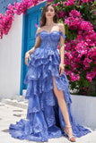 Off the Shoulder Purple Corset Prom Dress with Slit
