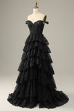 Dark Blue Off the Shoulder Corset Prom Dress with Slit