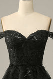 Dark Blue Off the Shoulder Corset Prom Dress with Slit