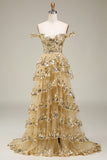 Sparkly White Tiered Lace Wedding Dress with Slit