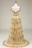 Off the Shoulder Golden Corset Tiered Prom Dress with Slit