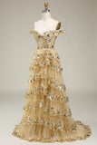 Sparkly White Tiered Lace Wedding Dress with Slit